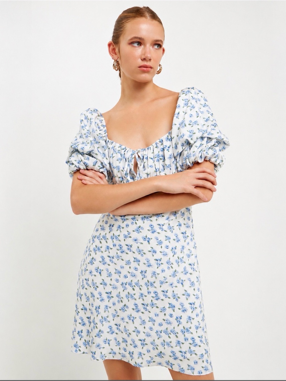 Free the Roses Blue Floral Puff-Sleeve Mini Dress - Picture 1 of 6